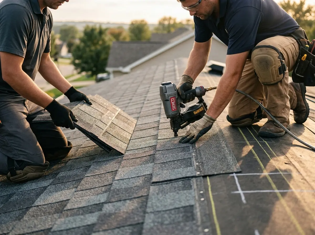 Professional roofer working on a residential roof in Northvale